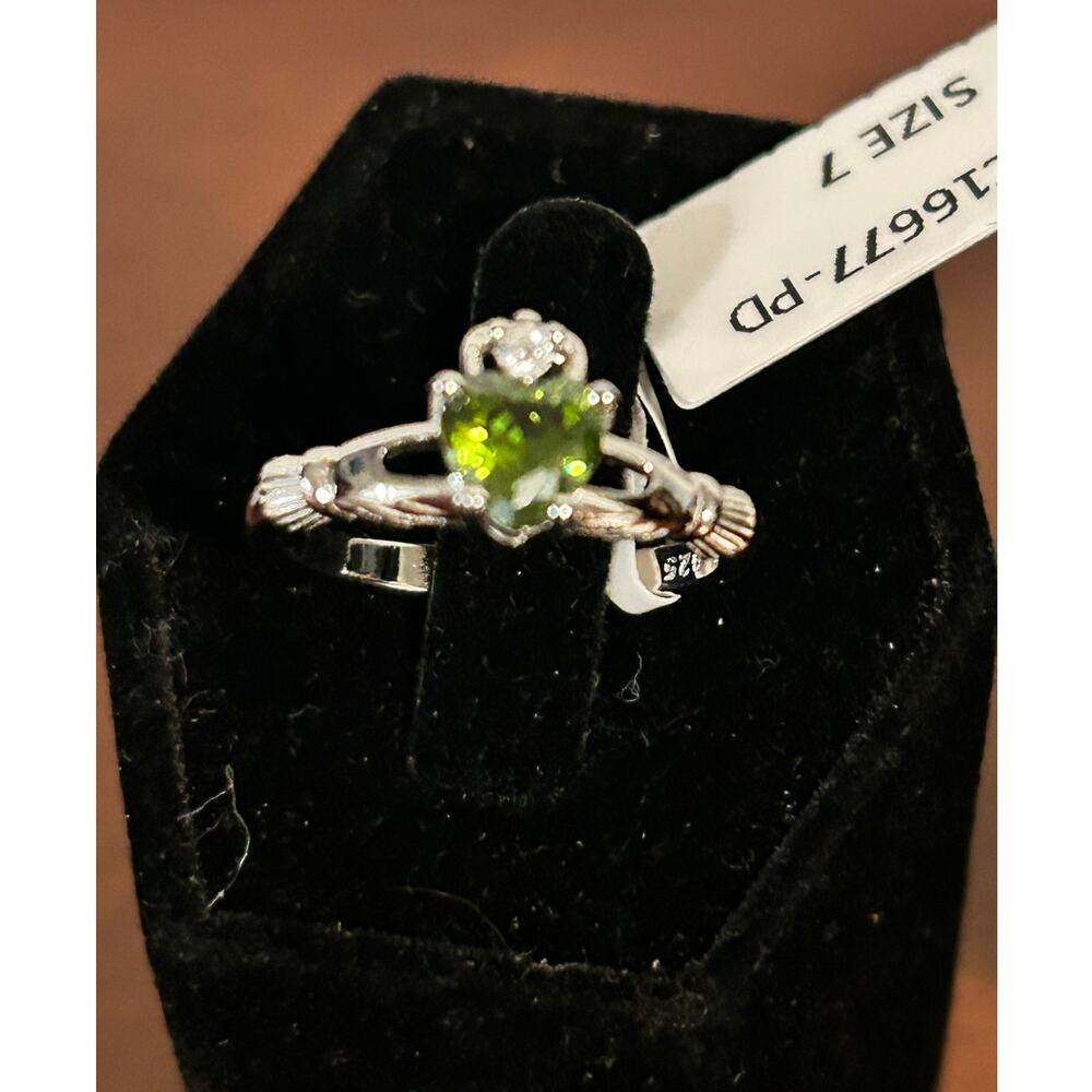 925 Sterling Silver Green Peridot Claddagh Heart Ring Size 7 Irish Celtic